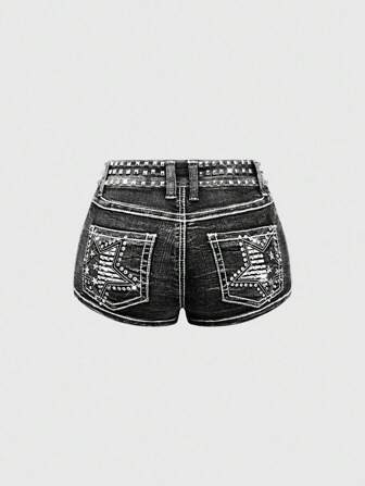 Grunge Punk Shorts vaqueros mini de talle súper bajo con decoración de strass en forma de estrella vintage Y2K desgastados, versátiles para múltiples ocasiones