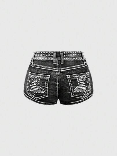 Grunge Punk Vintage Y2K Distressed Star Rhinestone Decor Super Low Waist Mini Denim Shorts, Versatile For Multiple Occasions