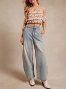 WESTFADE Mid Rise Cotton Blend Denim Loose Fit Barrel Leg Jeans Western Boho Cowgirl Summer Beach Vacation - Light Wash - View 5
