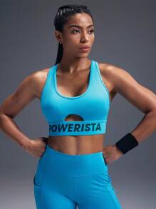Powerista 女士字母图案镂空设计日常健身运动文胸 - 藍色 - 查看 3