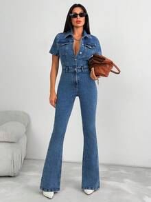 EURMUSE Button Front Medium Wash Denim Jumpsuit Denim Jumpsuit Women Blue Jean Jumpsuit Flare Jumpsuit Jean Jumpsuit Womens Jumpsuit - Medium Wash - View 6