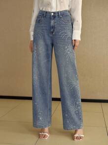 MOTF PREMIUM JEANS DE PIERNA RECTA CON AJUSTE HOLGADO Y ADORNOS DE RHINESTONE ELEGANTES - Azul - Ver 4