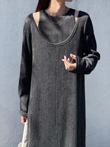 FRIFUL Đầm suông dài tay màu xám đậm trơn cho nữ, Bộ đồ hai mảnh thường ngày, Mùa thu - Màu xám đen - Xem 1