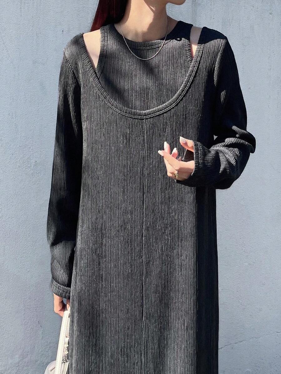 FRIFUL Đầm suông dài tay màu xám đậm trơn cho nữ, Bộ đồ hai mảnh thường ngày, Mùa thu - Màu xám đen - Xem 1