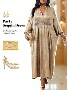 Fleurora 大码优雅派对亮片装饰蝙蝠袖连衣裙 - 金色 - 查看 2