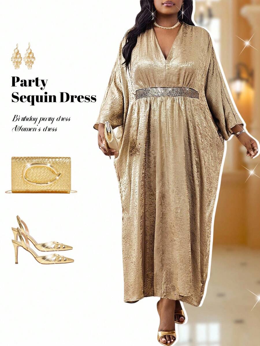 Fleurora 大码优雅派对亮片装饰蝙蝠袖连衣裙