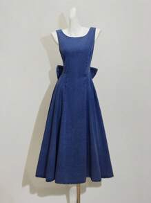 SHEIN MOD 女士牛仔连衣裙，休闲修身无袖蝴蝶结，蓝色 - 中等水洗藍 - 查看 5