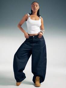 Denimoi Quần Jeans Denim Ống Rộng Túi Sau Quá Khổ Rộng Thùng Thình - Rửa tối - Xem 7