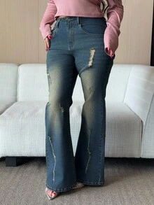 Dazy Plus Water-Washed Distressed Elastic Slim Flare Jeans, Streetwear Style, Plus Size For Women, All Season - Medium Wash - View 5