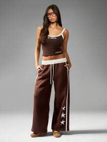 MISSGUIDED Wide Leg Star Print Jogger Pants Elastic Waist Drawstring Casual Bottoms High Rise Streetwear Side Stripe Varsity Design Fall Winter Loungewear Retro Style