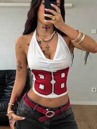 Coolane Parte superior halter blanca de talla grande para mujer, con gráficos de patrón de malla transpirable, sexy y apropiada para salir, con ajuste que define la cintura y es favorecedora de la figura