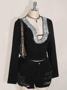 SHEIN ICON Plus Size Y2K Knit Notch Neck Hollow Out Long Sleeve Top, Sequin Decor Party Top, Date Top, Sexy Sequin Decor Top - Black - View 7