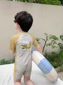 SHEIN 1 Piece Young Boys Casual Comfortable & Fashionable Practical Cute Soft Cartoon Whale Graphic One-Piece Swimsuit, Suitable For Vacation Spring/Summer