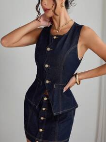 Elenzga Women's Ruffled Collar Sleeveless Washed Denim Blouse ,Casual Elegant Lady - Dark Wash - View 4