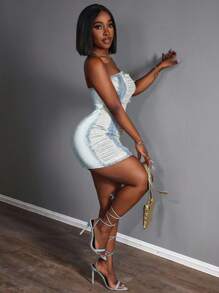 Slaydiva Váy yếm denim mini ôm sát, rách gợi cảm dành cho nữ, mùa hè - Rửa nhẹ - Xem 6