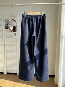 Comfortcana 大码宽松直筒抽绳腰灯芯绒牛仔裤 - 藍色 - 查看 2