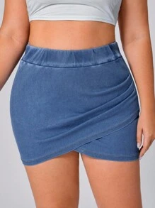 Flexra Váy mini denim ôm sát cơ thể xếp nếp màu trơn cỡ lớn - Màu xanh lam - Xem 3