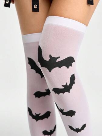Grunge Punk 1 Paar Halloween Fledermaus Muster Oberschenkel Strümpfe für Frauen
