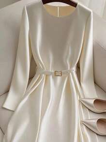 Franclia French Gentle Commuting Temperament Round Neck With Belt White High-End Solid Color Back To School Women's White Dress Elegant Female Dress Autumn Dress SummerHoliday Sunny Journey Vacay Vibes All White Clothes For University Fall Cloth For Women - White - View 5