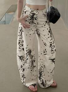 DAZY 女式纹理印花锥形哈伦裤，休闲街头风格牛仔裤 - 白色 - 查看 1