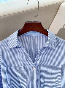 Franclia 女士条纹长袖单排扣口袋休闲长衬衫裙，适合大学秋季穿着。