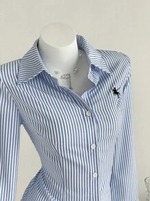 Elamini 1 pieza Camisa casual, diaria, universitaria y versátil de mujer de ajuste ceñido con rayas azules y bordado, de manga larga