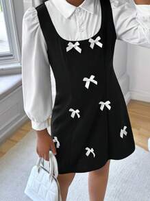 Tween Girls Elegant Urban Commute French School Girl Style Black & White Patchwork 2 In 1 Shirt Collar Puff Sleeve Long Sleeve Bow Decor Waist Cinched Dress