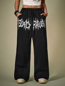 Shutterstock Y2Kool 女式哥特字母印花宽松直筒运动裤，街头时尚 Y2K 风格，适合万圣节、返校季、秋季哥特裤阔腿运动裤，Emo 休闲裤 - 黑色 - 查看 4