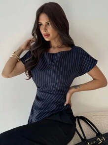 Firerie 休闲优雅格纹不对称下摆衬衫，适合通勤、日常休闲和时尚商务穿着/秋季女装/返校季/女教师/外出上衣/商务休闲女装/条纹衬衫/商务休闲女装/教师衬衫 - 藏蓝色 - 查看 3