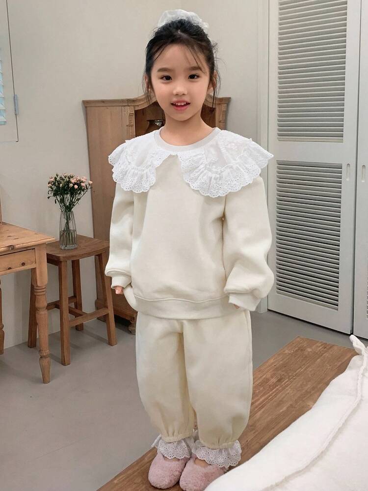 2pcs/Set Young Girls Round Neck Lace Patchwork Long Sleeve Casual Sweatshirt And Loose Fit Pants Set