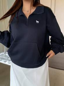 Dazy Plus Áo nỉ nữ dáng rộng, lót giữ nhiệt, in họa tiết, khóa kéo nửa thân, phong cách đường phố, cỡ lớn, dành cho nữ, mùa xuân/thu. - Màu xanh hải quân - Xem 3