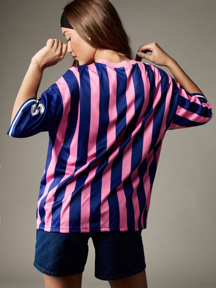 MISSGUIDED MG Motor Sports Striped Oversized Jersey T-Shirt Racing Flags Retro Graphics Casual Summer Baseball Streetwear