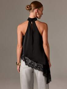 AiiRZ Blusa sin mangas elegante y formal con cuello halter asimétrico, adornada con encaje, para fiestas, cócteles, eventos y bodas en primavera, verano y otoño