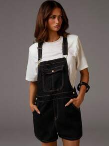 Athîral Women's Casual Washed Denim Bib Pants, Summer,Autumn,Back To School,Look Younger,Casual,Going Out Outfits,Dungarees,Overalls - Black - View 1