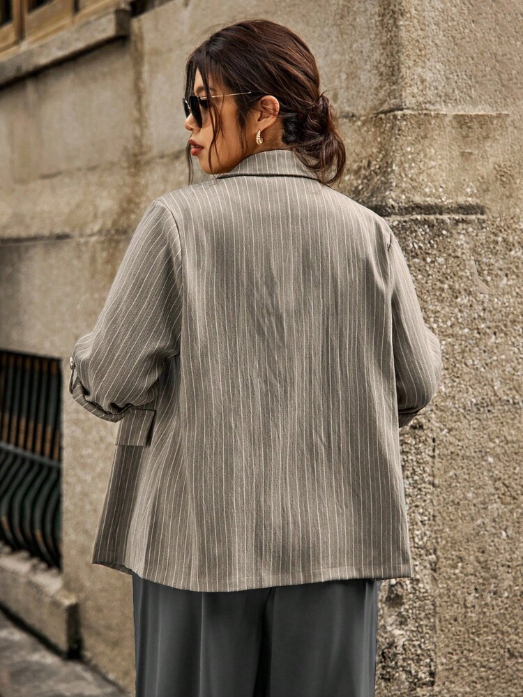 Calvaya 大码女式春秋条纹卷边休闲宽松西装外套 - 咖啡棕 - 查看 2