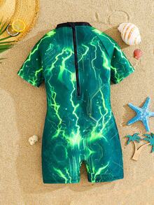 SHEIN Tween Boy Luminous Game Console Graphic Casual Beach One-Piece Swimsuit, Suitable For Seaside, Swimming Pool, Beach And Surfing Boys Swim Rash Guard Boys Swim Shirt Tween Boys Swim Shirt - Green - View 2