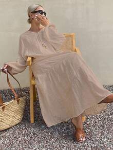 DAZY Đầm maxi nữ dáng rộng, thoải mái, chất liệu vải lanh, thích hợp cho mùa hè. - Màu Khaki - Xem 2