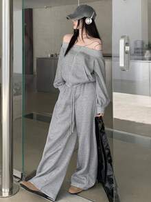 DAZY 女士露肩长袖运动衫和宽松休闲裤两件套，韩版，春秋 - 灰色 - 查看 4