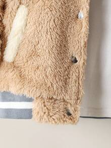 Young Girl Brown Plush Paneled Bomber Jacket With Collegiate Letter Embroidery,Autumn/Winter.2025 Back-To-School Season College And Campus Sportswear Fall - Brown - View 5