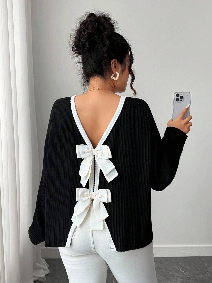 SHEIN CURVE+ 女式 V 领针织开衫，后背双蝴蝶结，长袖上衣，适合秋季穿着 - 黑色 - 查看 1