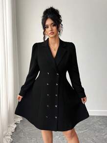 Elenzga 大码女式优雅长袖双排扣西装领连衣裙 - 黑色 - 查看 3