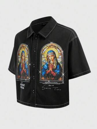 Goth Men's Slogan Graphic Short Sleeve Single-Breasted Virgin Mary Casual Denim Shirt
