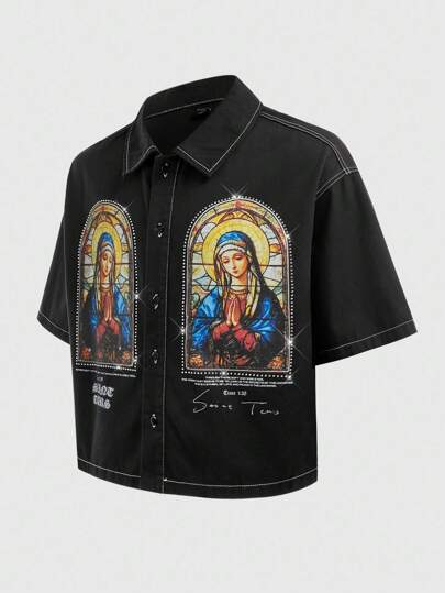Goth Men's Slogan Graphic Short Sleeve Single-Breasted Virgin Mary Casual Denim Shirt
