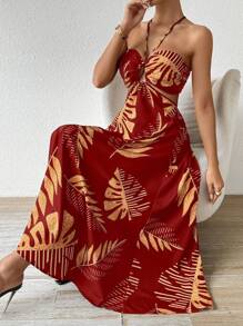 Breezaya 热带树叶印花镂空露背吊带长款沙滩裙度假沙滩装女款 - 紅色 - 查看 5