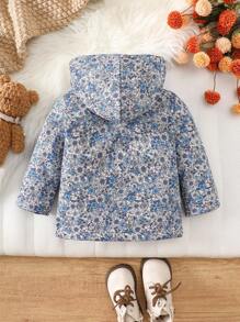SHEIN Vintaside Kids 复古碎花连帽夹克，适合女婴，拉链开合，保暖内衬，休闲时尚冬季外套 - 彩色 - 查看 2