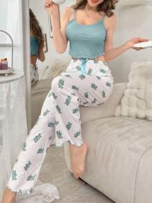 SHEIN Women Solid Color Camisole & Printed Pants Pajama Set - Blue - View 4