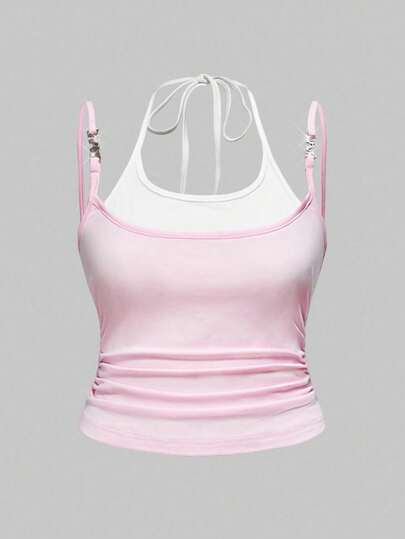 Canotta a bretelle sottili 2 in 1 con pendente metallico, taglie comode, stile Y2K sexy