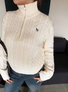 Dazy Plus Zip-Up Half Open Collar Loose Embroidered Pattern Long Sleeve Pullover Sweater, Spring/Autumn - Apricot - View 6