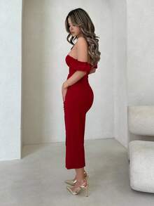 Jemour Burgundy Red Off Shoulder Ruched Split Thigh Bridesmaid Dress, Wedding Guest Dress Party Cocktail Dress - Burgundy - View 4