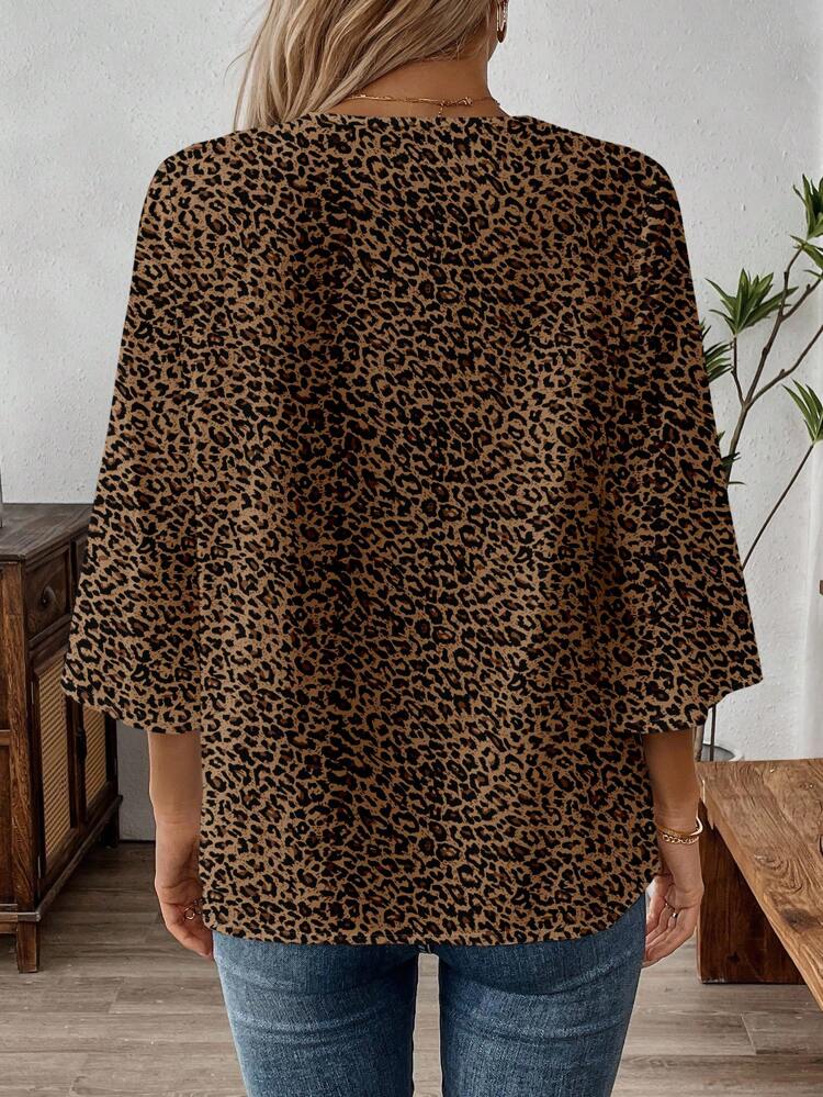 Comfortable Notched Neck Leopard Print Blouse With Regular Hem And Relaxed Style Sleeves Leopard Print Top Animal Print Top V Neck Leopard Top Brown Leopard Top Fall Clothes Chic Blouses For Women,Casual